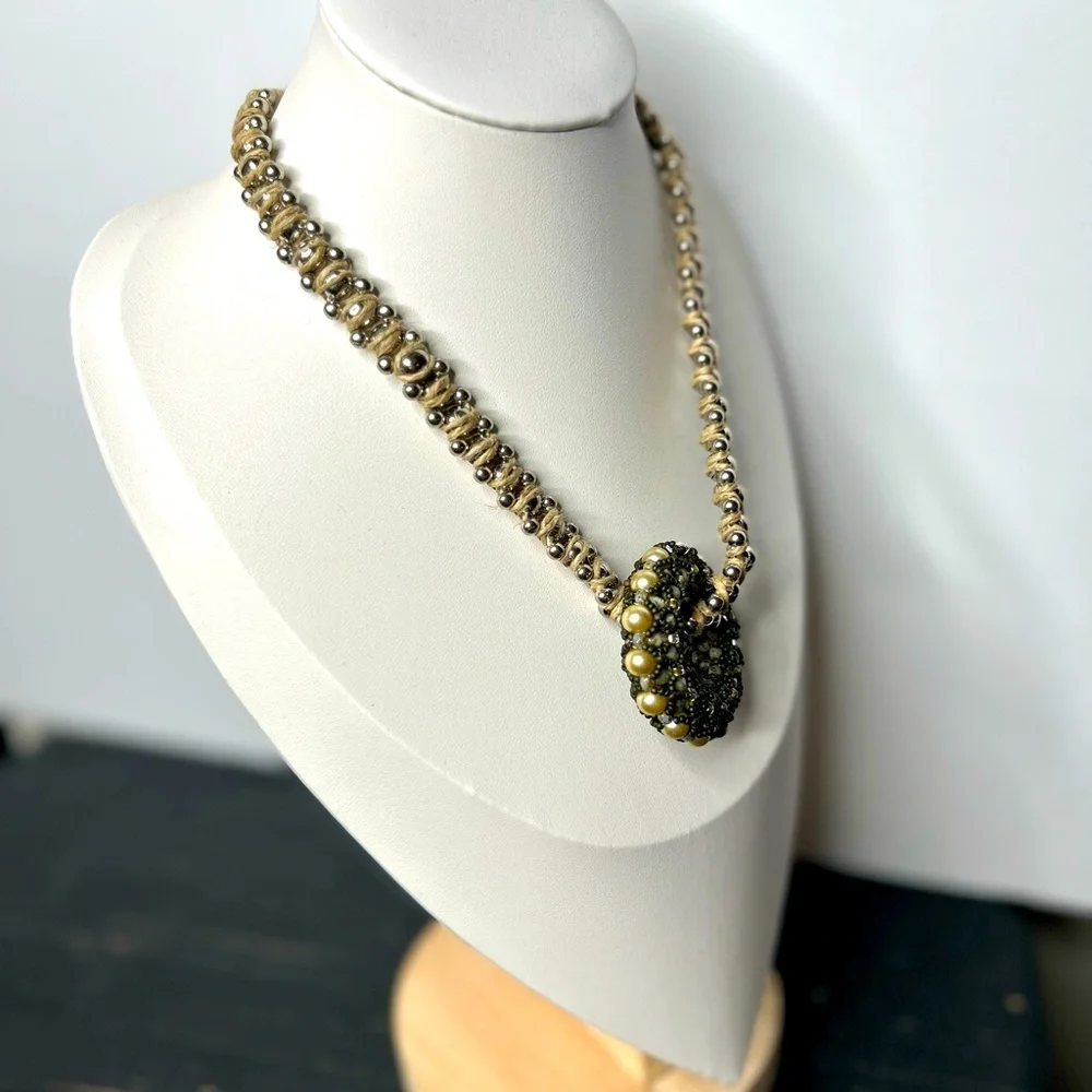 Artisan Bohemian Vintage Beaded‎ Donut Pendant Jute Braided Statement Necklace